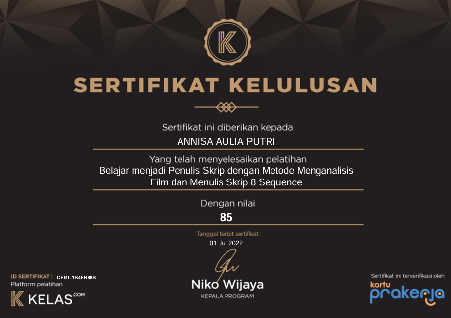 Sertifikat Pelatihan Penulisan Skrip Kelas.com